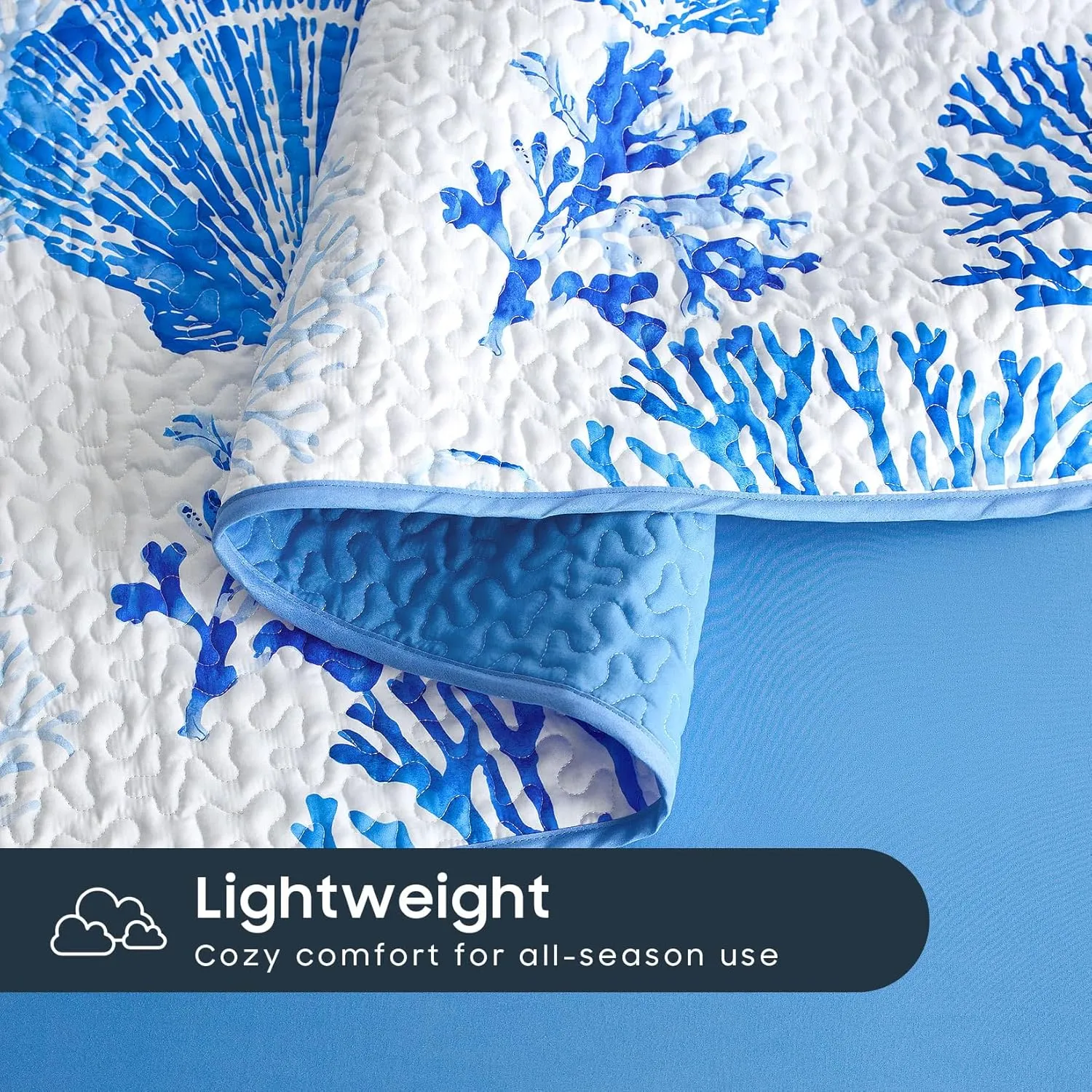 Wake In Cloud - Coastal Quilt Set, Nautical Ocean Beach Themed Tropical Summer Patterned, Reversible Lightweight Bedspread Coverlet, 3 Pieces, Blue White, King Size