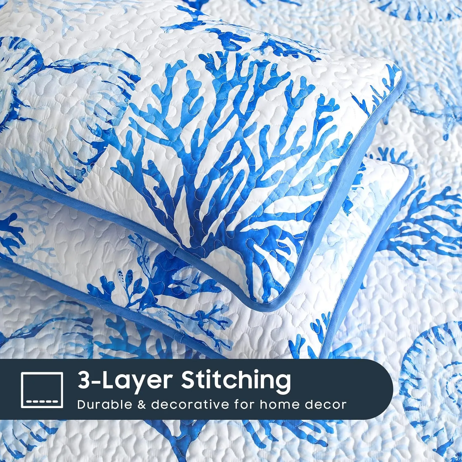 Wake In Cloud - Coastal Quilt Set, Nautical Ocean Beach Themed Tropical Summer Patterned, Reversible Lightweight Bedspread Coverlet, 3 Pieces, Blue White, King Size