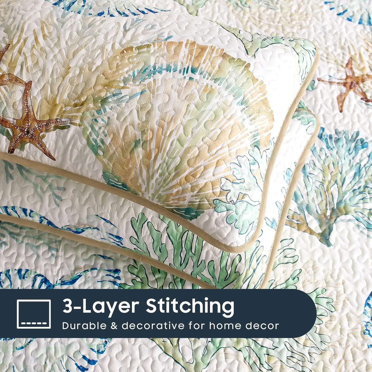 Wake In Cloud - Coastal Quilt Set, Nautical Ocean Beach Themed Tropical Summer Patterned, Reversible Lightweight Bedspread Coverlet, 3 Pieces, Green Tan, King Size