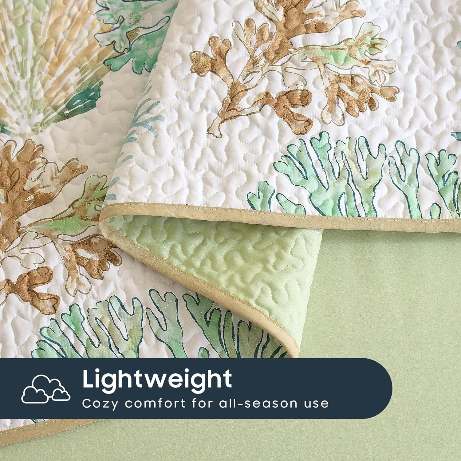 Wake In Cloud - Coastal Quilt Set, Nautical Ocean Beach Themed Tropical Summer Patterned, Reversible Lightweight Bedspread Coverlet, 3 Pieces, Green Tan, King Size
