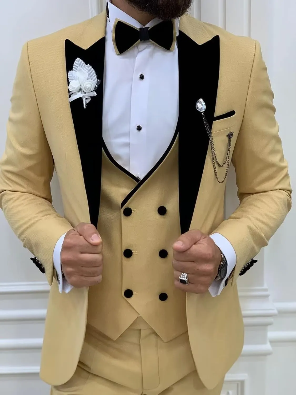 Wangyue Mens Tuxedo Suit for Men Double Breasted 3 Piece Slim Fit Suits for Wedding Suit Men Prom Suits Vest Pants Sets