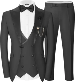 Wangyue Mens Tuxedo Suit for Men Double Breasted 3 Piece Slim Fit Suits for Wedding Suit Men Prom Suits Vest Pants Sets