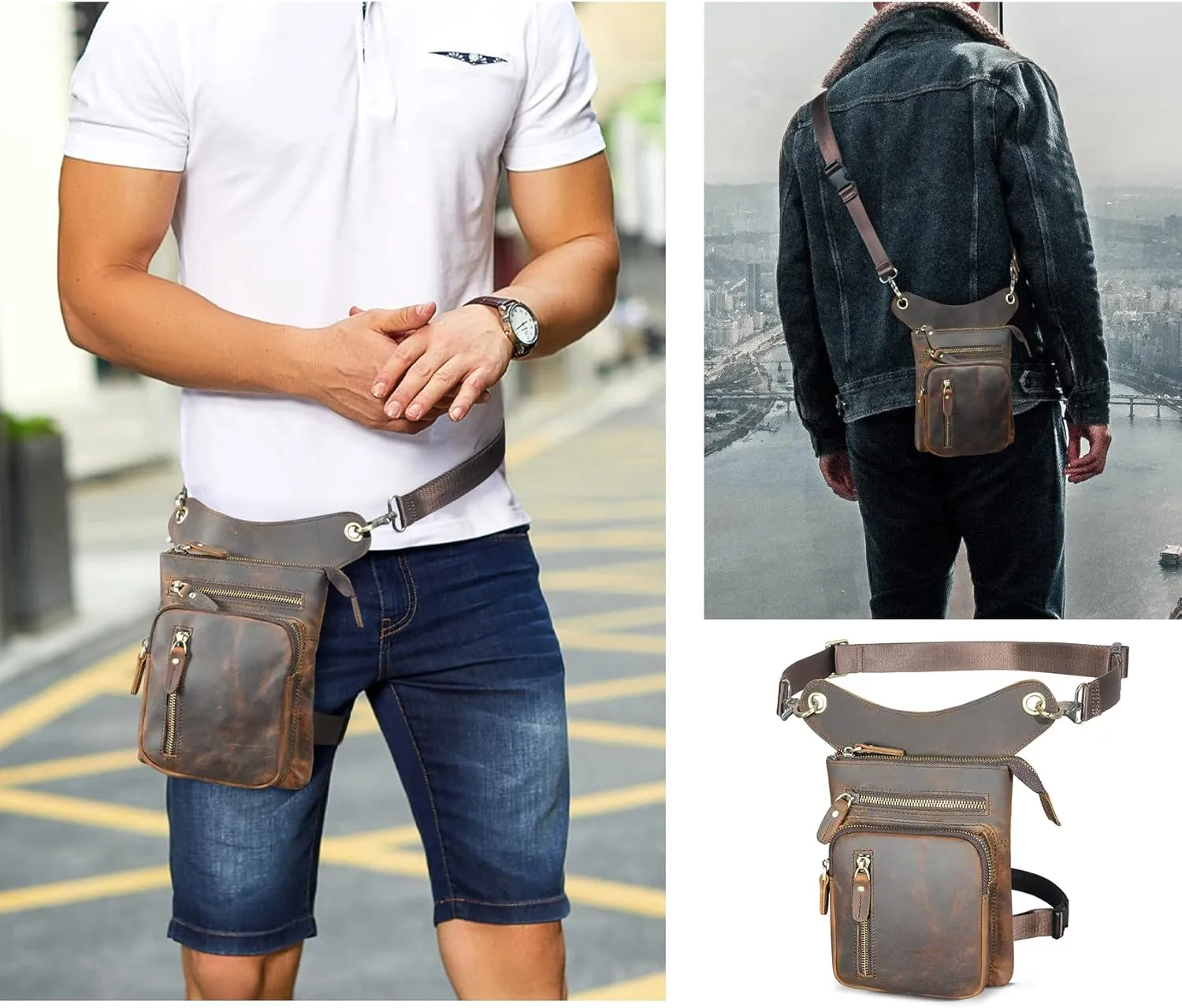 Water Resistant Canvas   Leather Motorcycle Fanny Waist Pack One Shoulder Drop Leg Thigh Bag For Men Women FB211-6