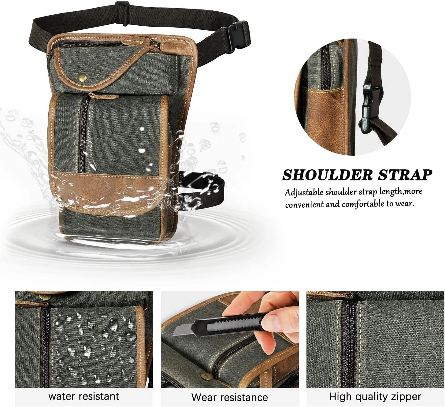 Water Resistant Canvas   Leather Motorcycle Travel Fanny Waist Pack Drop Thigh Leg Bag Pouch For Men Women FB913-5