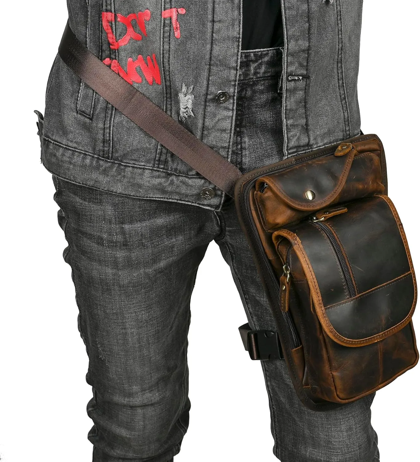 Water Resistant Canvas   Leather Motorcycle Travel Fanny Waist Pack Drop Thigh Leg Bag Pouch For Men Women FB913-5