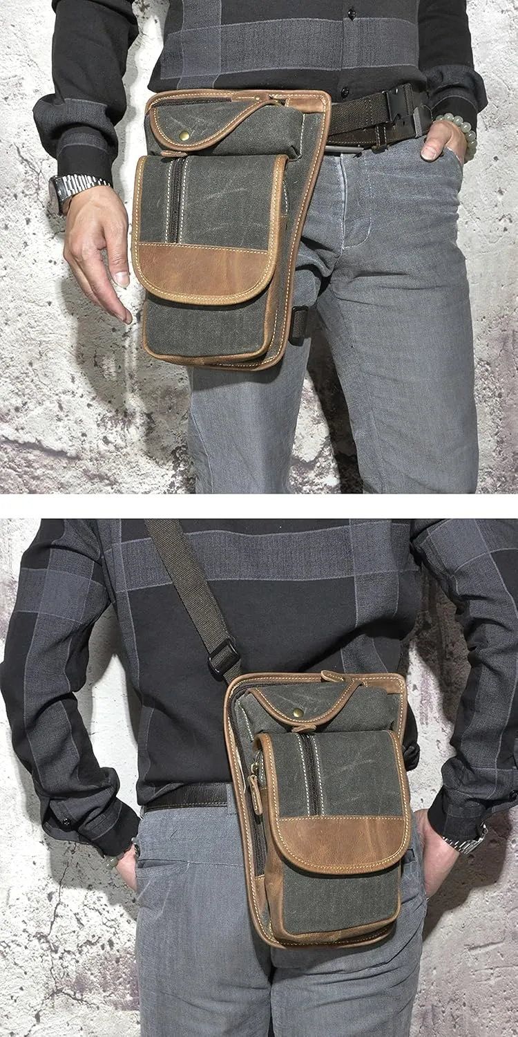 Water Resistant Canvas   Leather Motorcycle Travel Fanny Waist Pack Drop Thigh Leg Bag Pouch For Men Women FB913-5