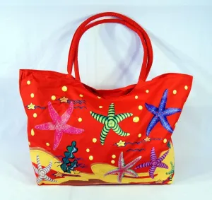 Water Resistent Jumbo Red Canvas Beach Tote Bag Sea Starfish Design Zipper Closure 24 X 15 X 6"