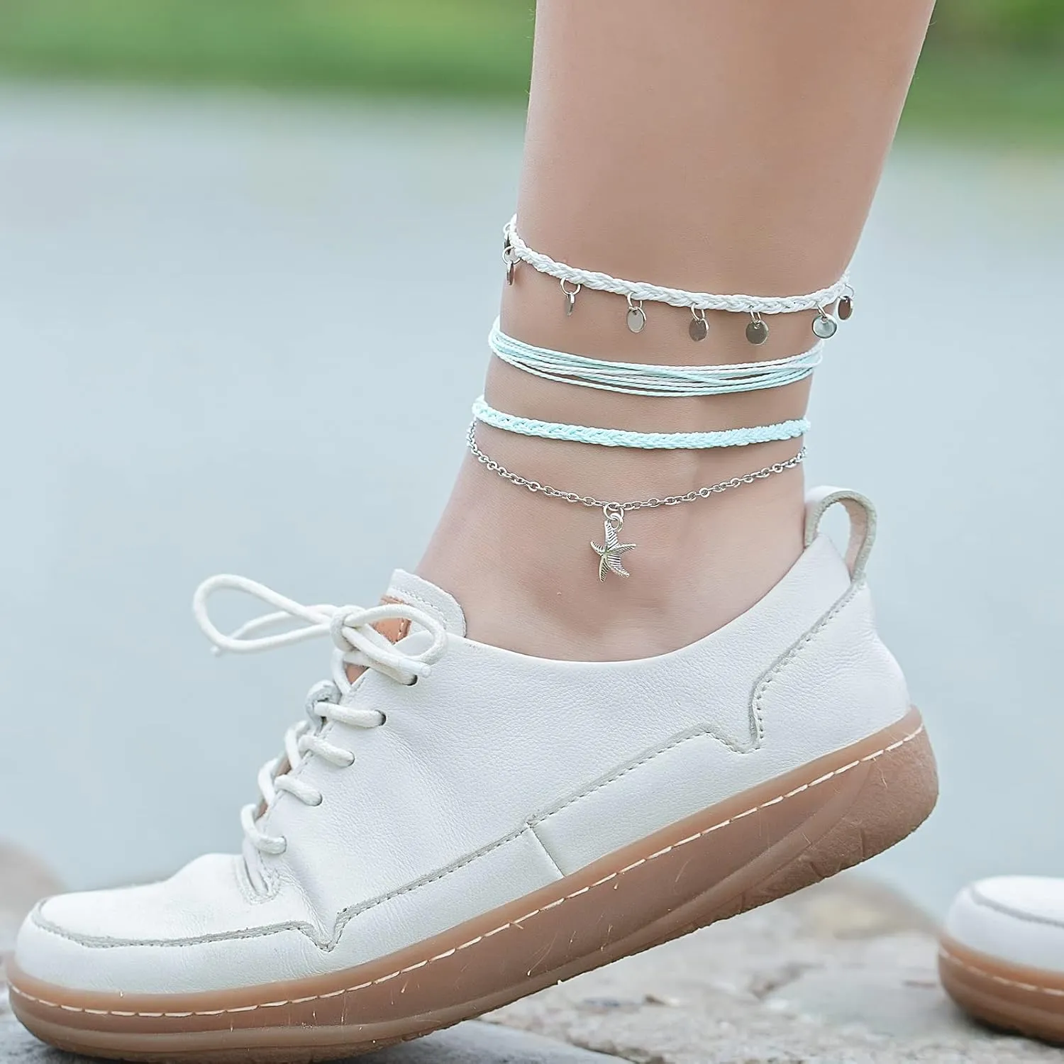 Waterproof String Ankle Bracelets Boho Starfish Disc Anklets Summer Beach Anklet Jewelry Set for Women Teen Girls