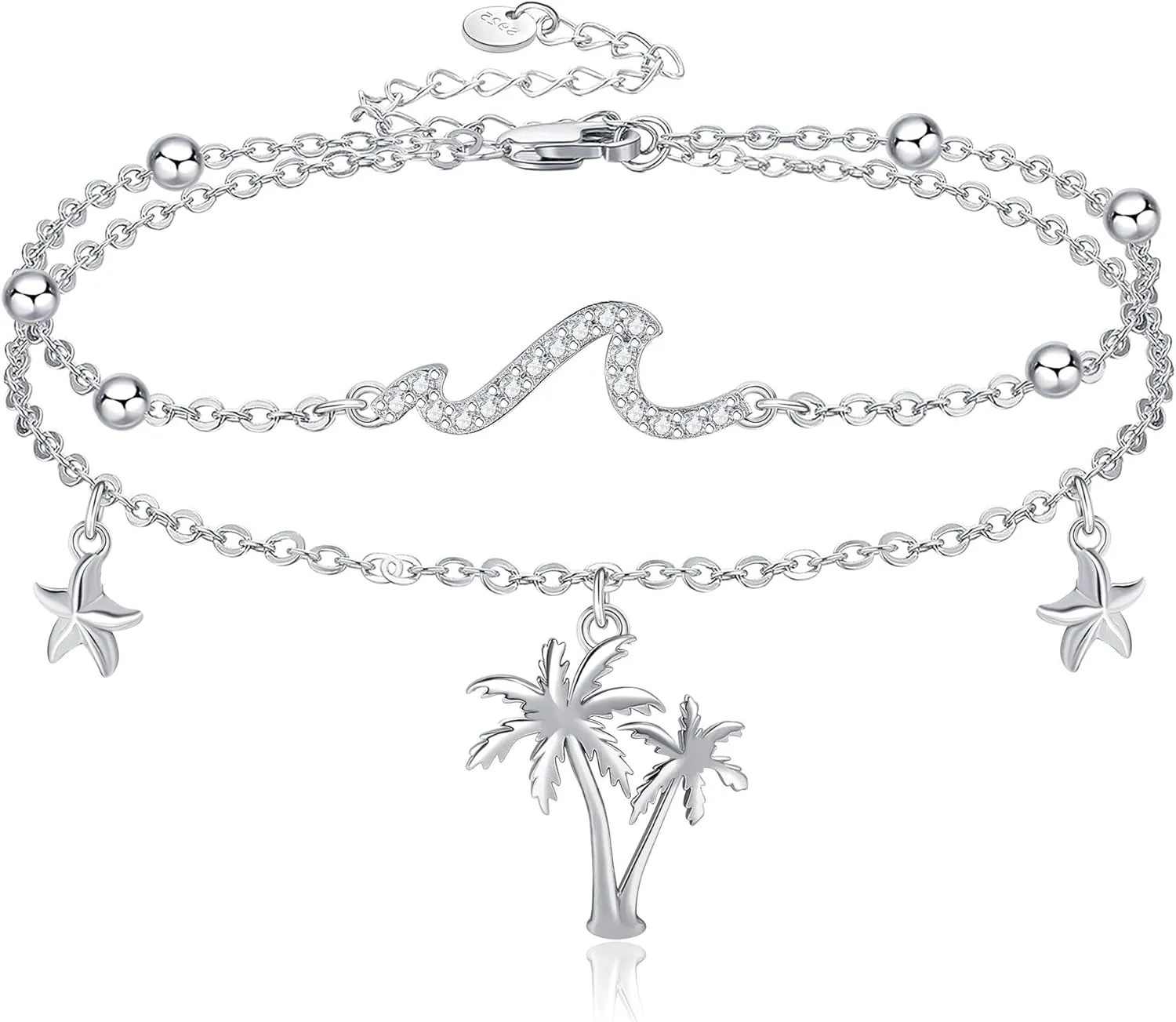 Wave Anklet for Women Sterling Silver Palm Tree Starfish Layered Ocean Beach Jewelry