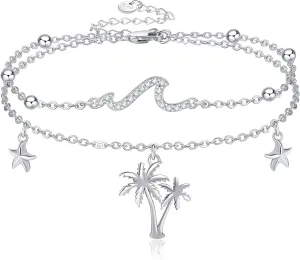 Wave Anklet for Women Sterling Silver Palm Tree Starfish Layered Ocean Beach Jewelry