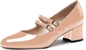 WAYDERNS Women's Adjustable Strap Mary Jane Round Toe Patent Low Chunky Heel Pumps Shoes 2 Inch