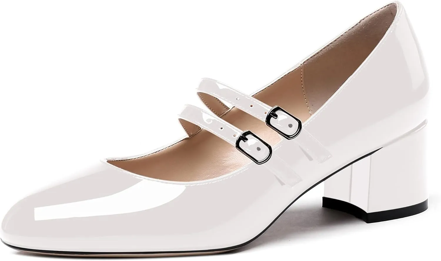 WAYDERNS Women's Adjustable Strap Mary Jane Round Toe Patent Low Chunky Heel Pumps Shoes 2 Inch