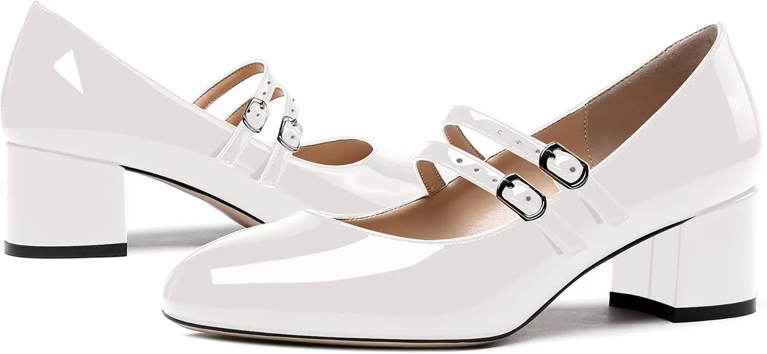 WAYDERNS Women's Adjustable Strap Mary Jane Round Toe Patent Low Chunky Heel Pumps Shoes 2 Inch