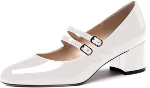 WAYDERNS Women's Adjustable Strap Mary Jane Round Toe Patent Low Chunky Heel Pumps Shoes 2 Inch