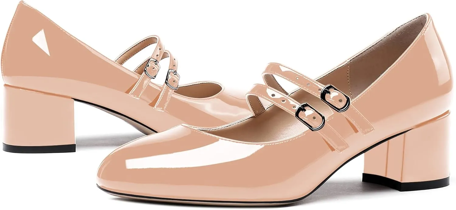 WAYDERNS Women's Adjustable Strap Mary Jane Round Toe Patent Low Chunky Heel Pumps Shoes 2 Inch