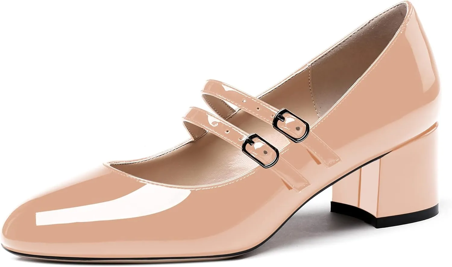 WAYDERNS Women's Adjustable Strap Mary Jane Round Toe Patent Low Chunky Heel Pumps Shoes 2 Inch