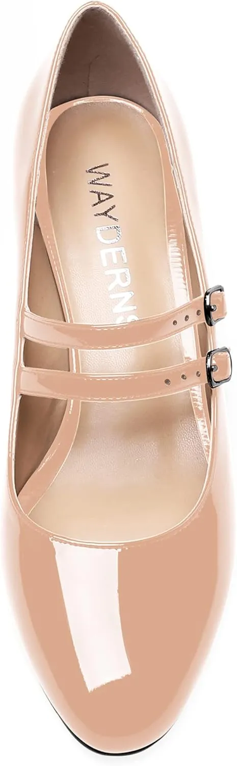 WAYDERNS Women's Adjustable Strap Mary Jane Round Toe Patent Low Chunky Heel Pumps Shoes 2 Inch