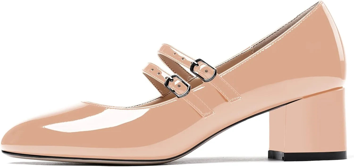 WAYDERNS Women's Adjustable Strap Mary Jane Round Toe Patent Low Chunky Heel Pumps Shoes 2 Inch