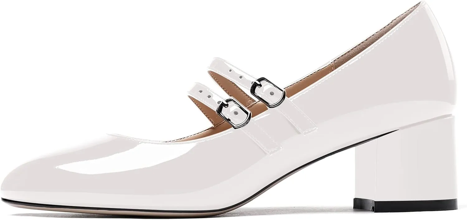 WAYDERNS Women's Adjustable Strap Mary Jane Round Toe Patent Low Chunky Heel Pumps Shoes 2 Inch