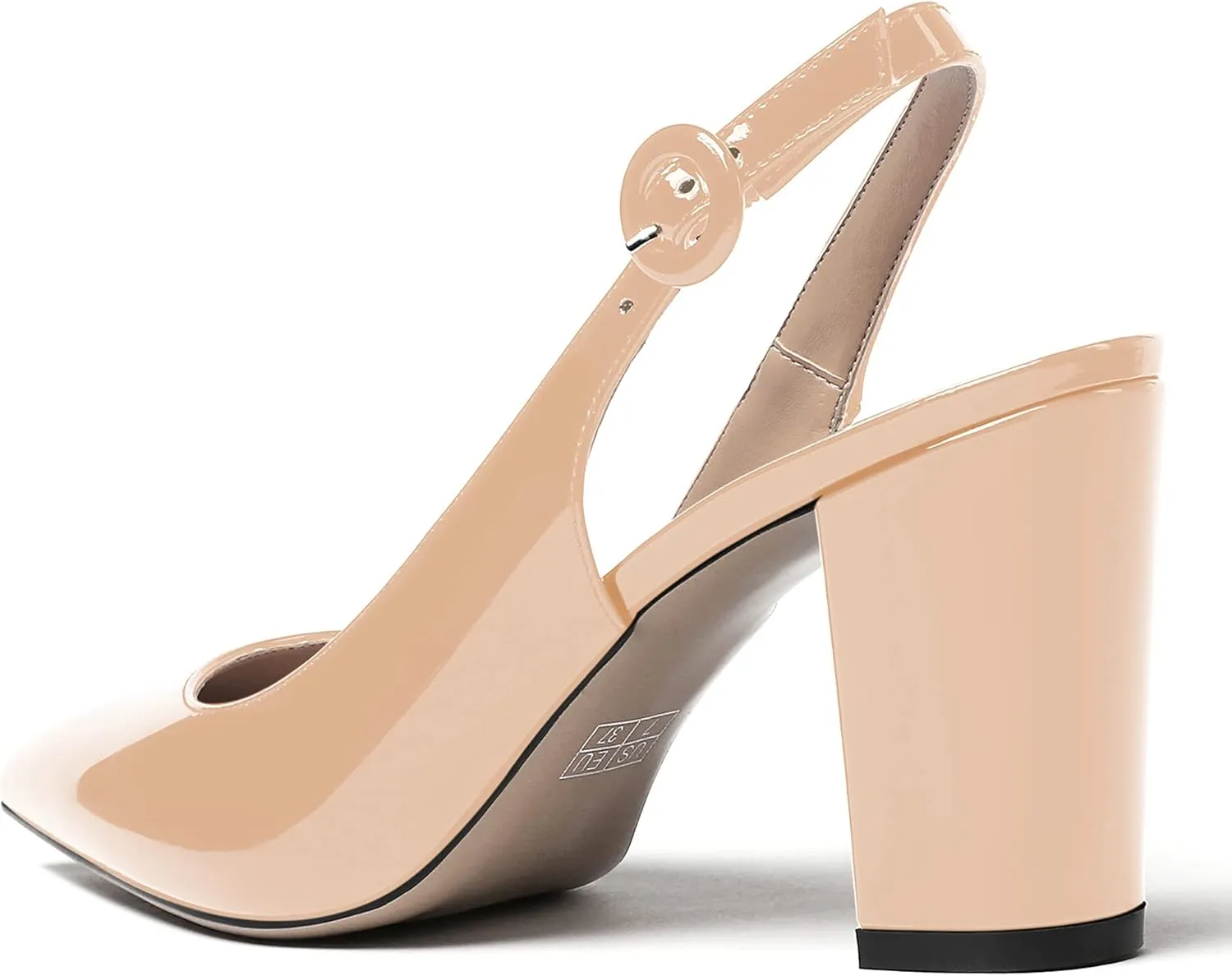 WAYDERNS Women's Thick Patent Solid Pointed Toe Slingback Buckle Ankle Strap Block High Heel Pumps Shoes 3 Inch