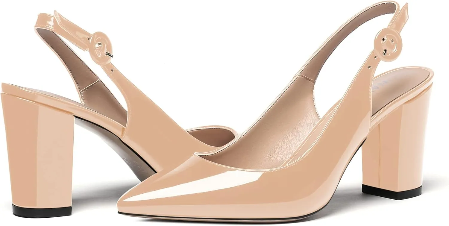 WAYDERNS Women's Thick Patent Solid Pointed Toe Slingback Buckle Ankle Strap Block High Heel Pumps Shoes 3 Inch