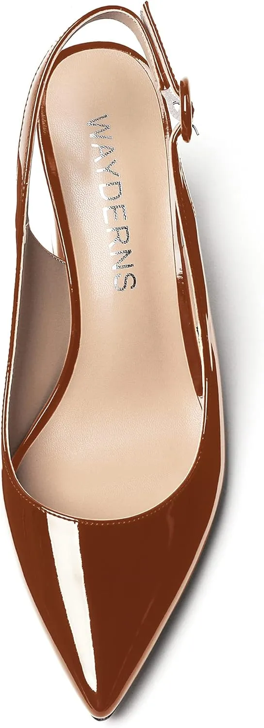 WAYDERNS Women's Thick Patent Solid Pointed Toe Slingback Buckle Ankle Strap Block High Heel Pumps Shoes 3 Inch