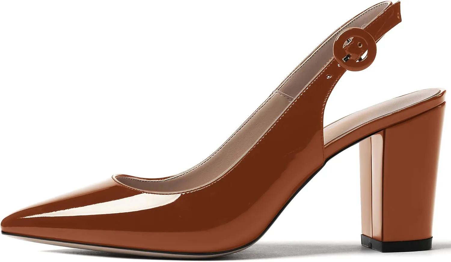 WAYDERNS Women's Thick Patent Solid Pointed Toe Slingback Buckle Ankle Strap Block High Heel Pumps Shoes 3 Inch