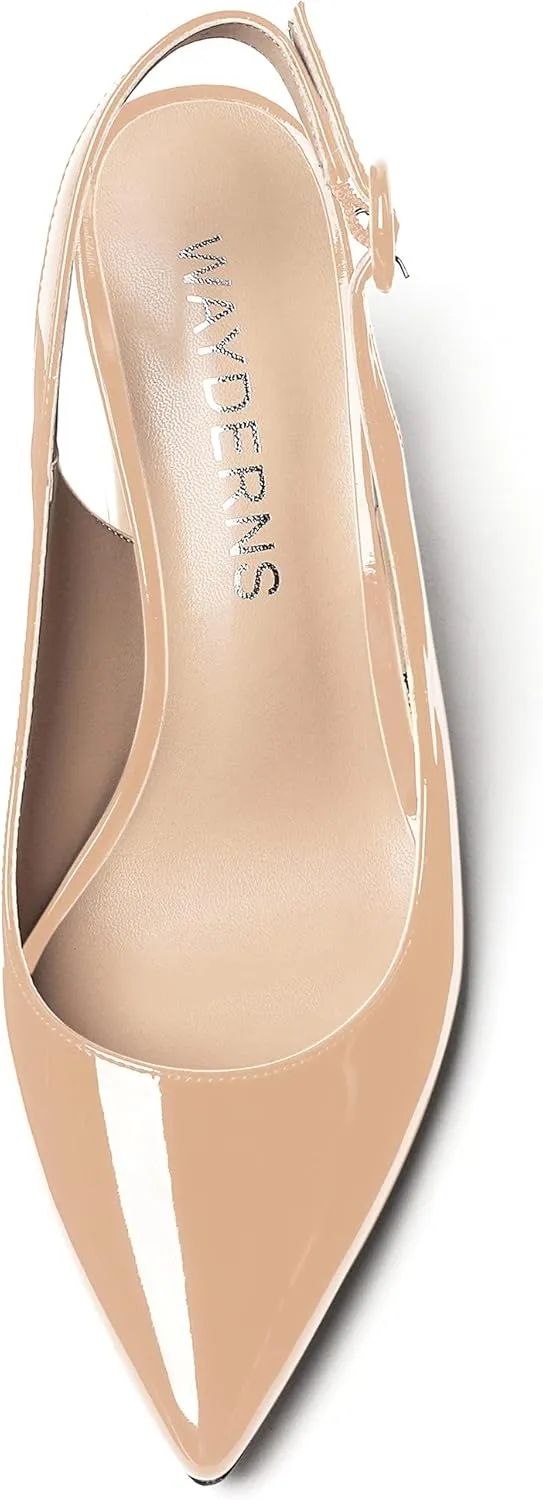 WAYDERNS Women's Thick Patent Solid Pointed Toe Slingback Buckle Ankle Strap Block High Heel Pumps Shoes 3 Inch