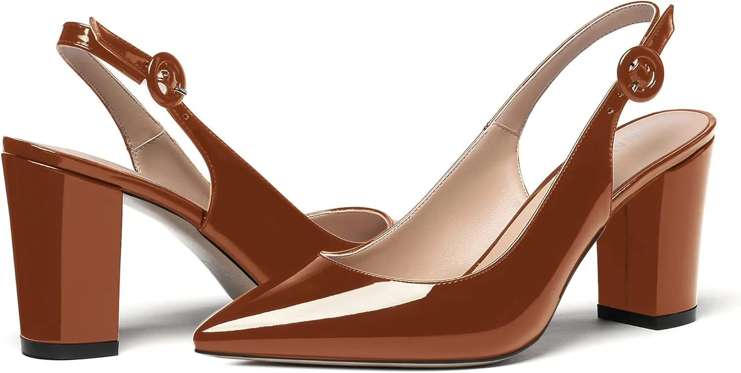 WAYDERNS Women's Thick Patent Solid Pointed Toe Slingback Buckle Ankle Strap Block High Heel Pumps Shoes 3 Inch