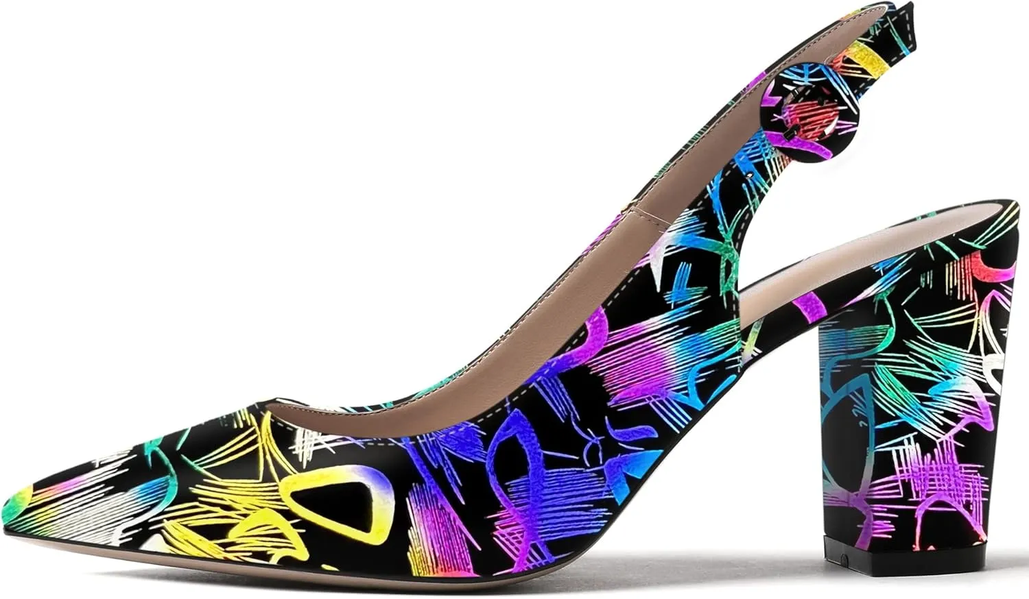 WAYDERNS Women's Thick Patent Solid Pointed Toe Slingback Buckle Ankle Strap Block High Heel Pumps Shoes 3 Inch