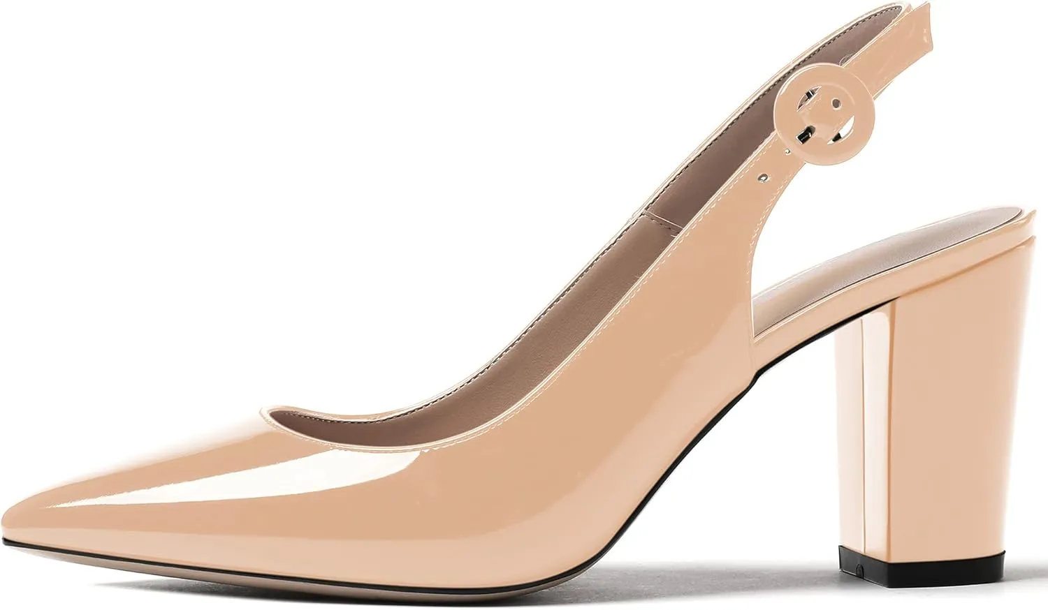WAYDERNS Women's Thick Patent Solid Pointed Toe Slingback Buckle Ankle Strap Block High Heel Pumps Shoes 3 Inch