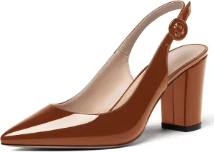 WAYDERNS Women's Thick Patent Solid Pointed Toe Slingback Buckle Ankle Strap Block High Heel Pumps Shoes 3 Inch