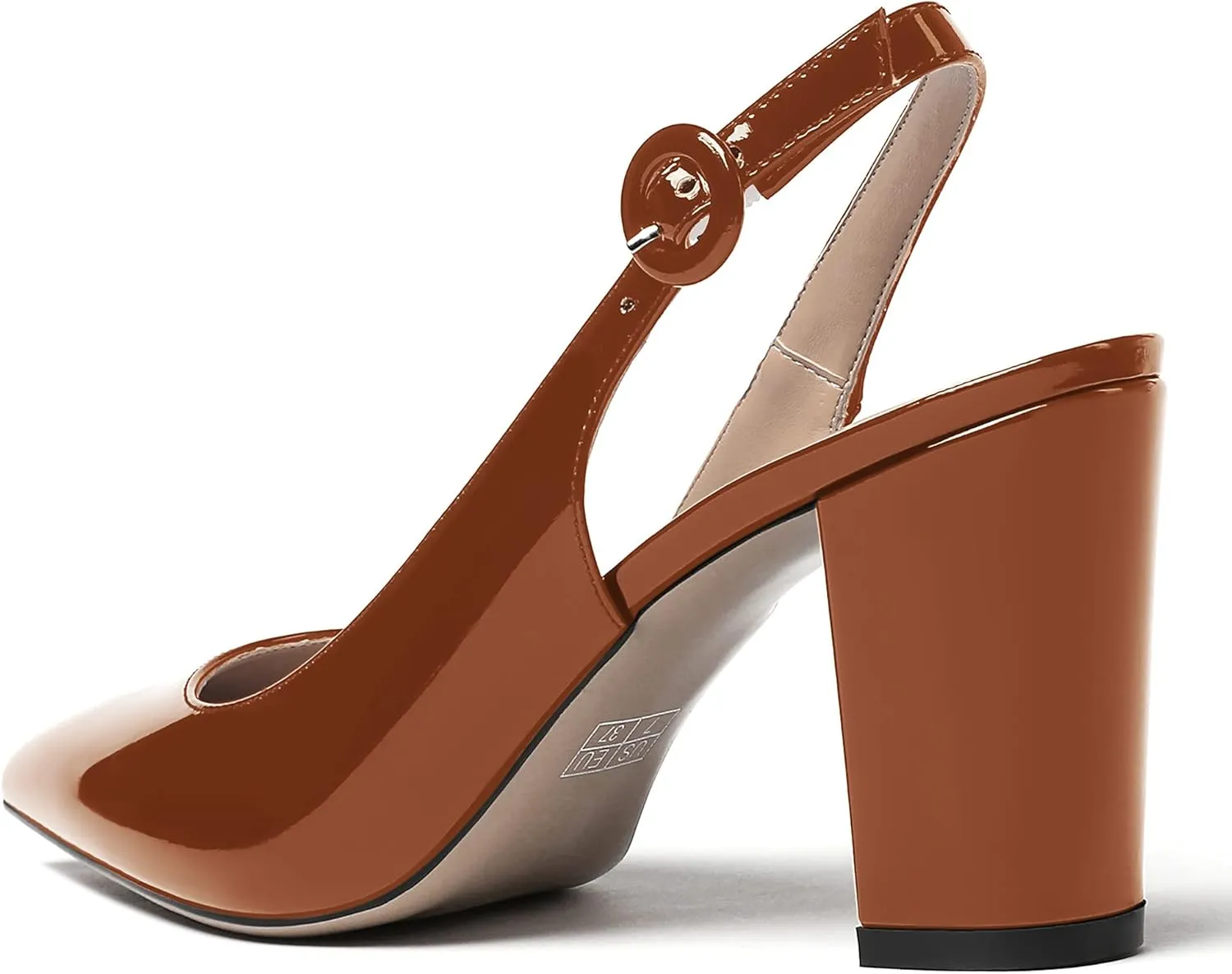 WAYDERNS Women's Thick Patent Solid Pointed Toe Slingback Buckle Ankle Strap Block High Heel Pumps Shoes 3 Inch