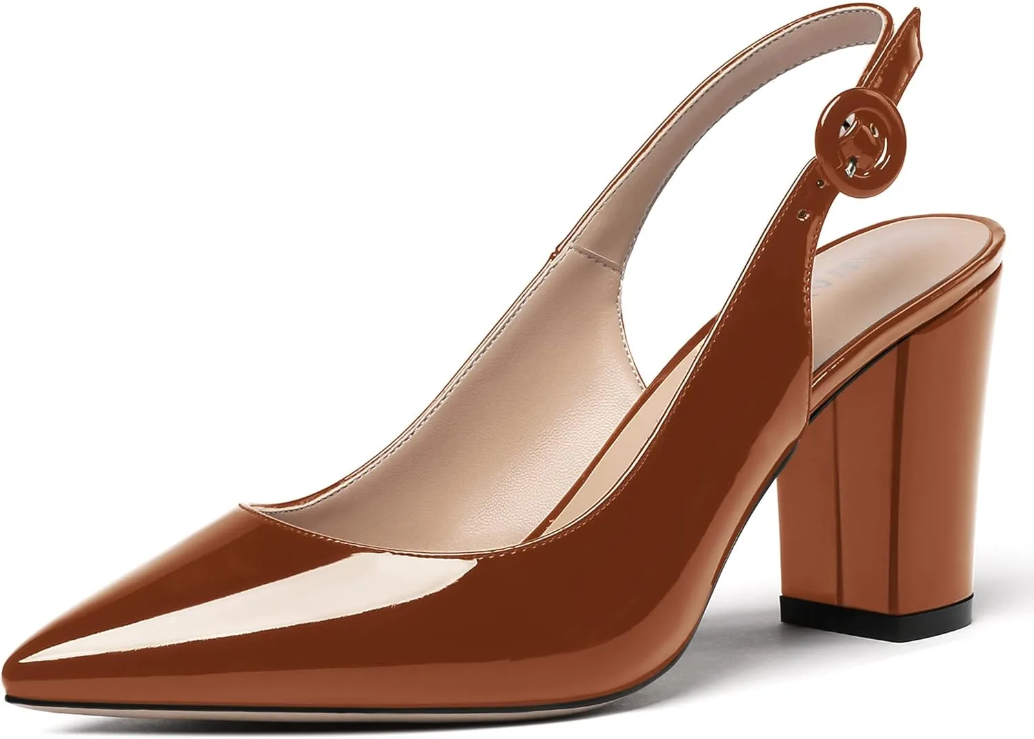 WAYDERNS Women's Thick Patent Solid Pointed Toe Slingback Buckle Ankle Strap Block High Heel Pumps Shoes 3 Inch