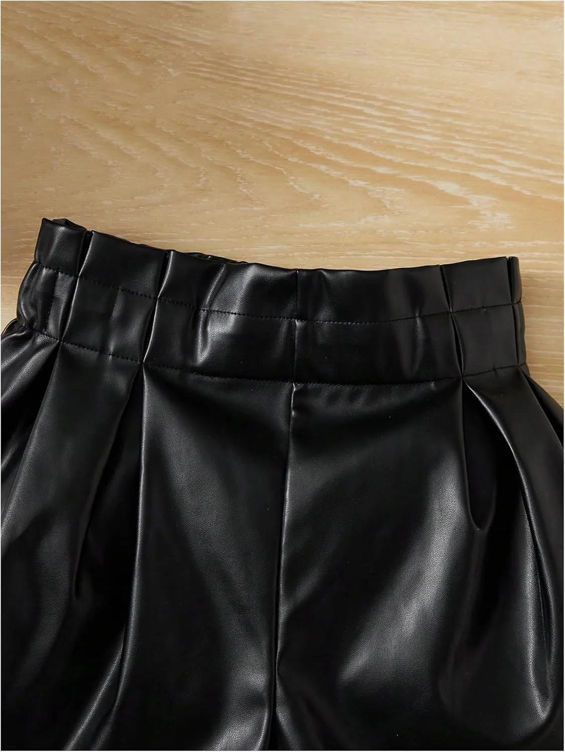 WDIRARA Toddler Girl's Paper Bag Waist Button Front Wide Leg PU Leather Shorts