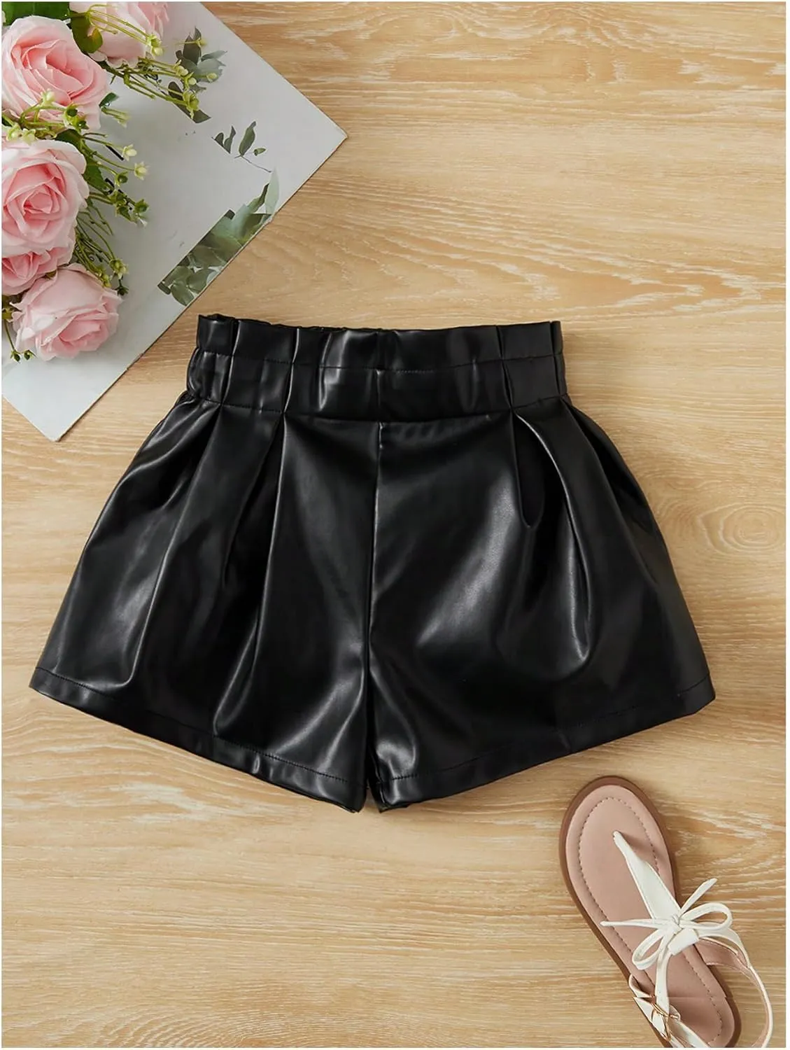 WDIRARA Toddler Girl's Paper Bag Waist Button Front Wide Leg PU Leather Shorts