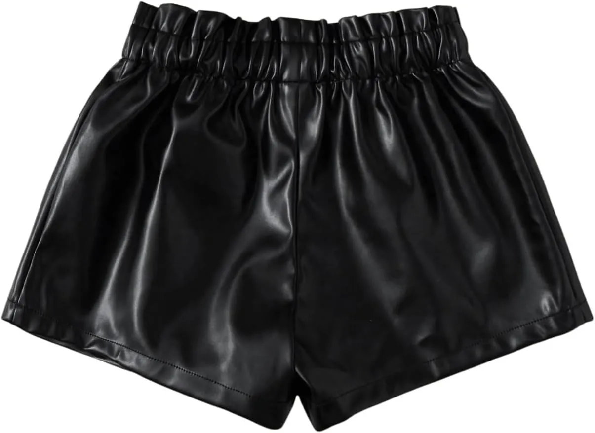 WDIRARA Toddler Girl's Paper Bag Waist Button Front Wide Leg PU Leather Shorts