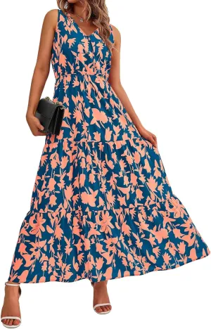 Wedding Guest Dresses for Women 2025 Beach Summer Dresses Casual Sleeveless Maxi Dresses Trendy Cute Floral Long Dress