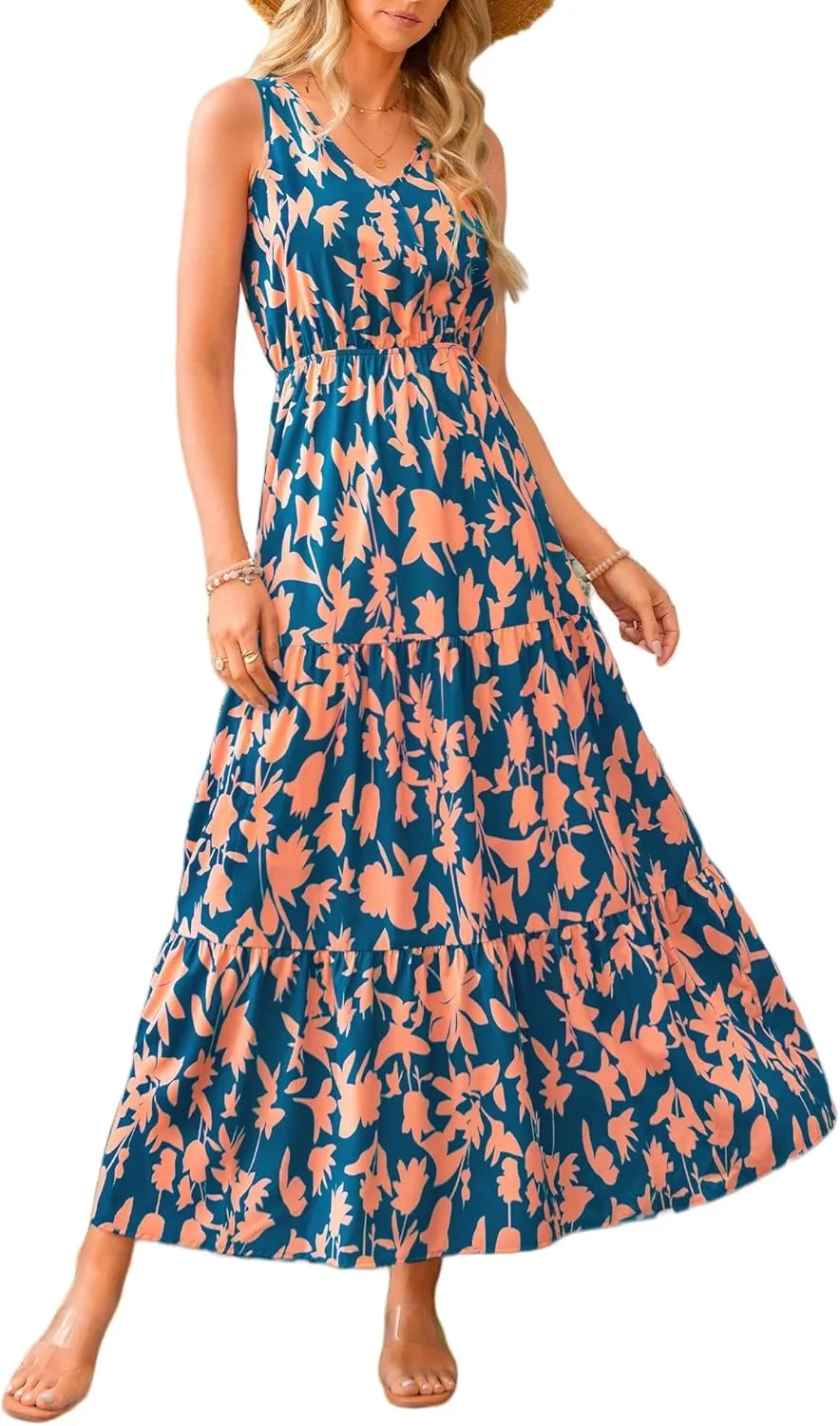 Wedding Guest Dresses for Women 2025 Beach Summer Dresses Casual Sleeveless Maxi Dresses Trendy Cute Floral Long Dress