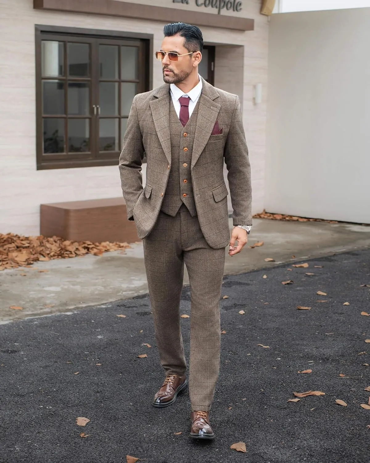 Wemaliyzd Vintage Men's Suit 3 Piece Plaid Tweed Herringbone Suits for Wedding Business Blazer Vest Pants