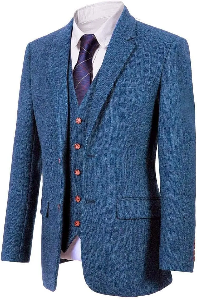 Wemaliyzd Vintage Men's Suit 3 Piece Plaid Tweed Herringbone Suits for Wedding Business Blazer Vest Pants