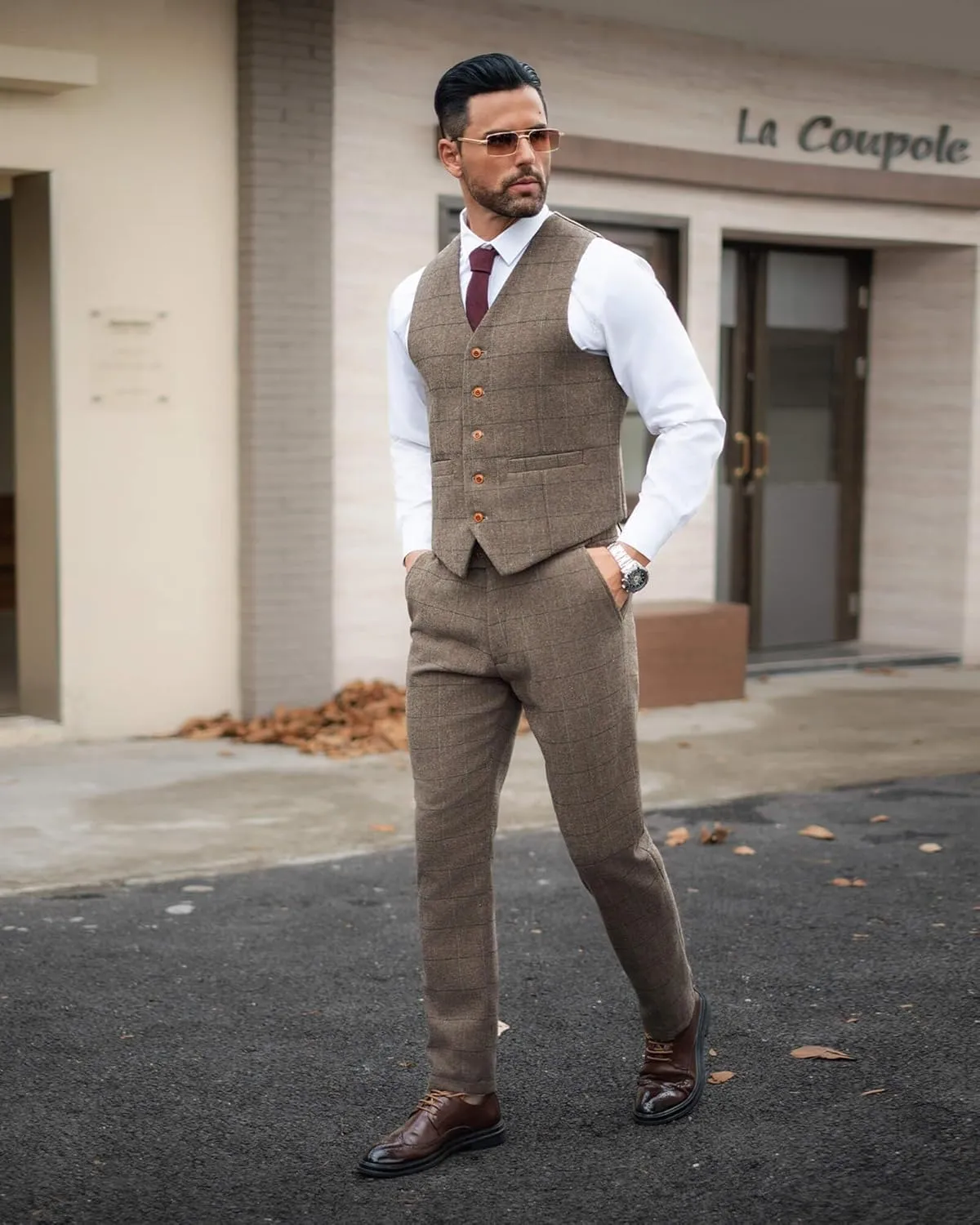 Wemaliyzd Vintage Men's Suit 3 Piece Plaid Tweed Herringbone Suits for Wedding Business Blazer Vest Pants