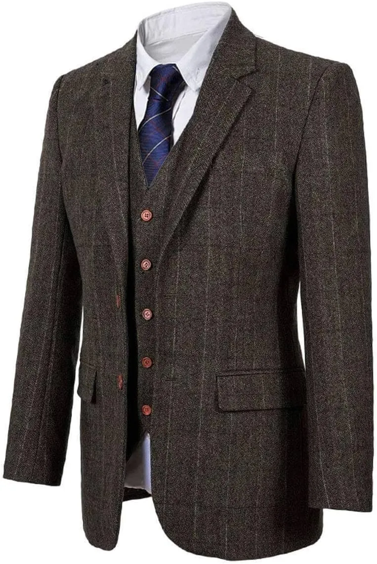 Wemaliyzd Vintage Men's Suit 3 Piece Plaid Tweed Herringbone Suits for Wedding Business Blazer Vest Pants