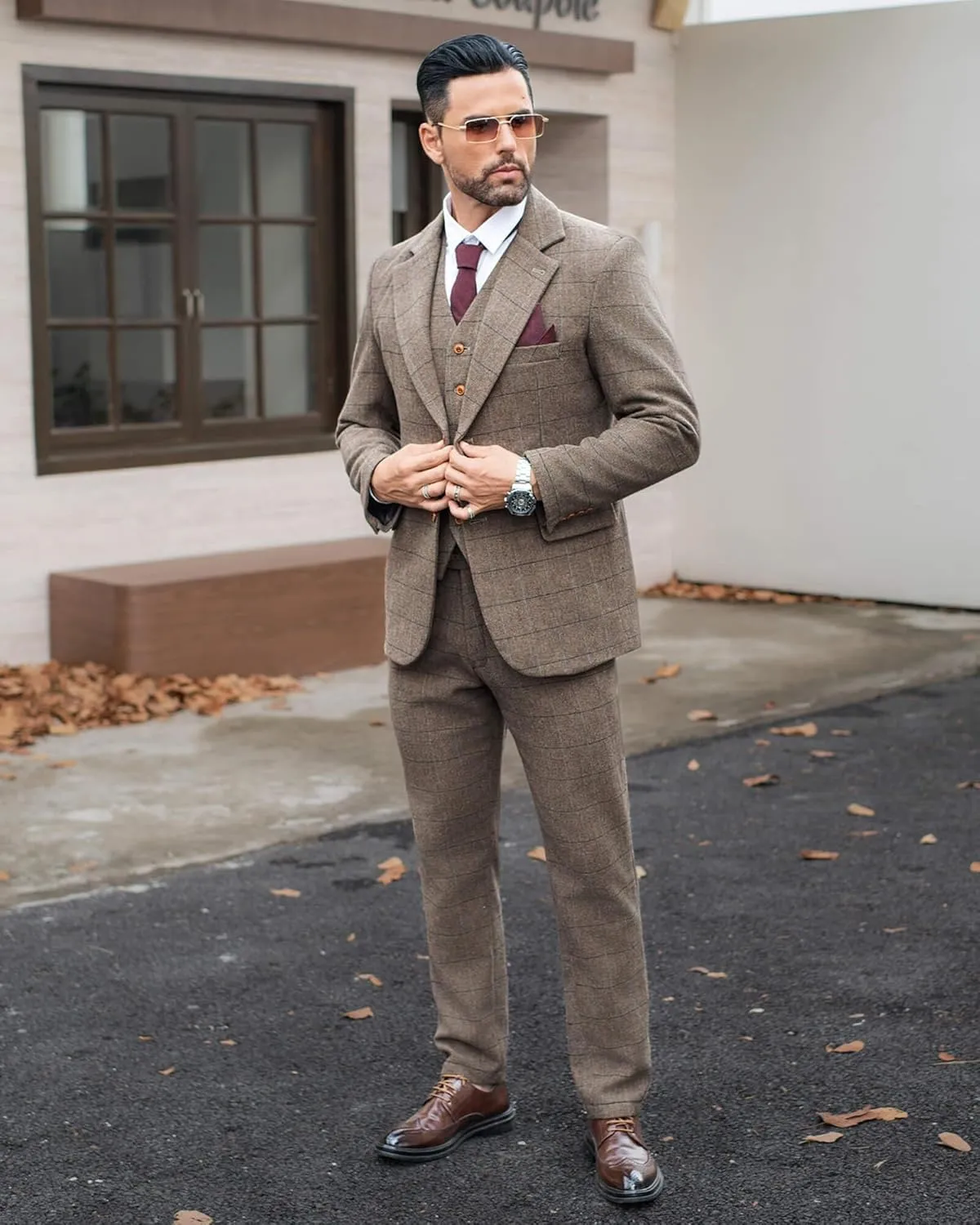Wemaliyzd Vintage Men's Suit 3 Piece Plaid Tweed Herringbone Suits for Wedding Business Blazer Vest Pants