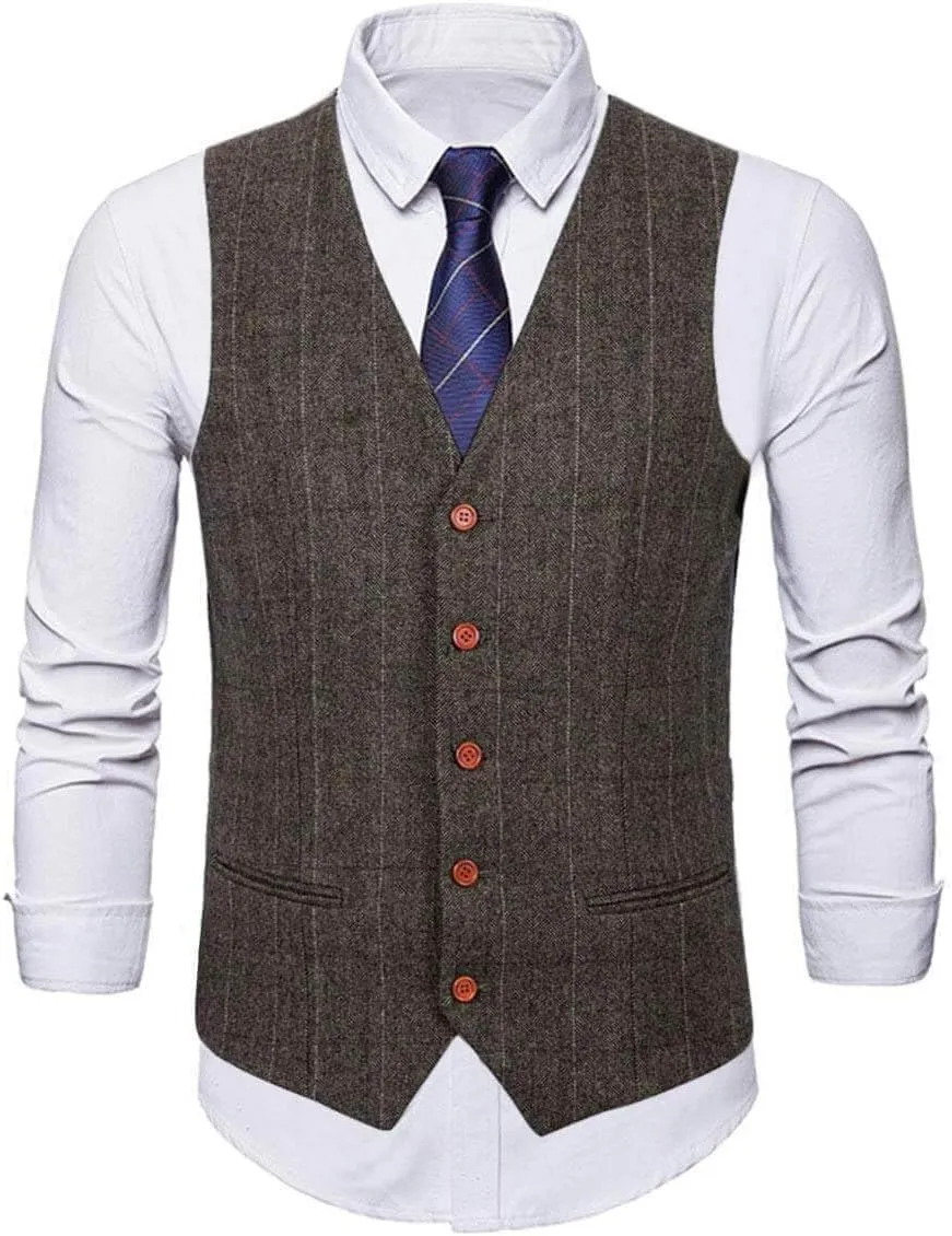 Wemaliyzd Vintage Men's Suit 3 Piece Plaid Tweed Herringbone Suits for Wedding Business Blazer Vest Pants