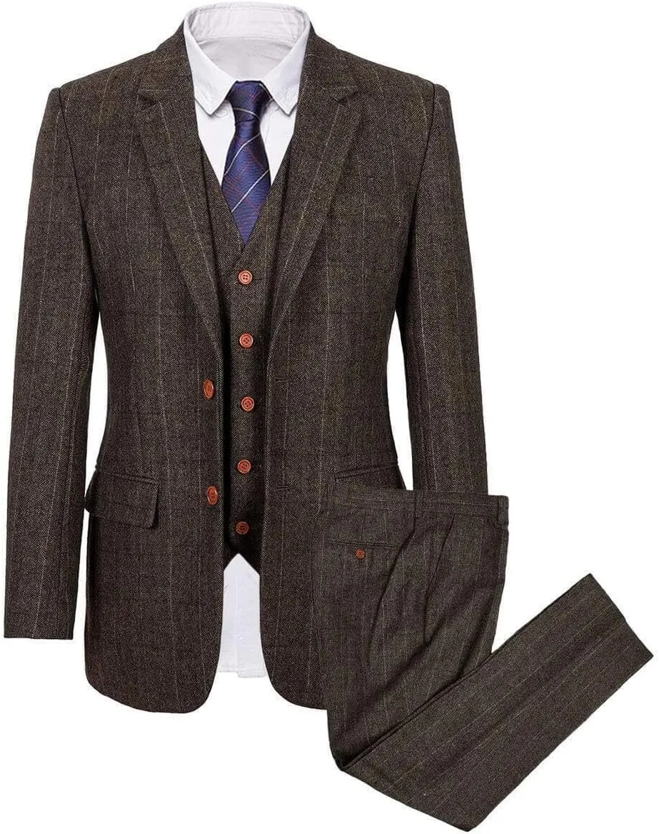 Wemaliyzd Vintage Men's Suit 3 Piece Plaid Tweed Herringbone Suits for Wedding Business Blazer Vest Pants