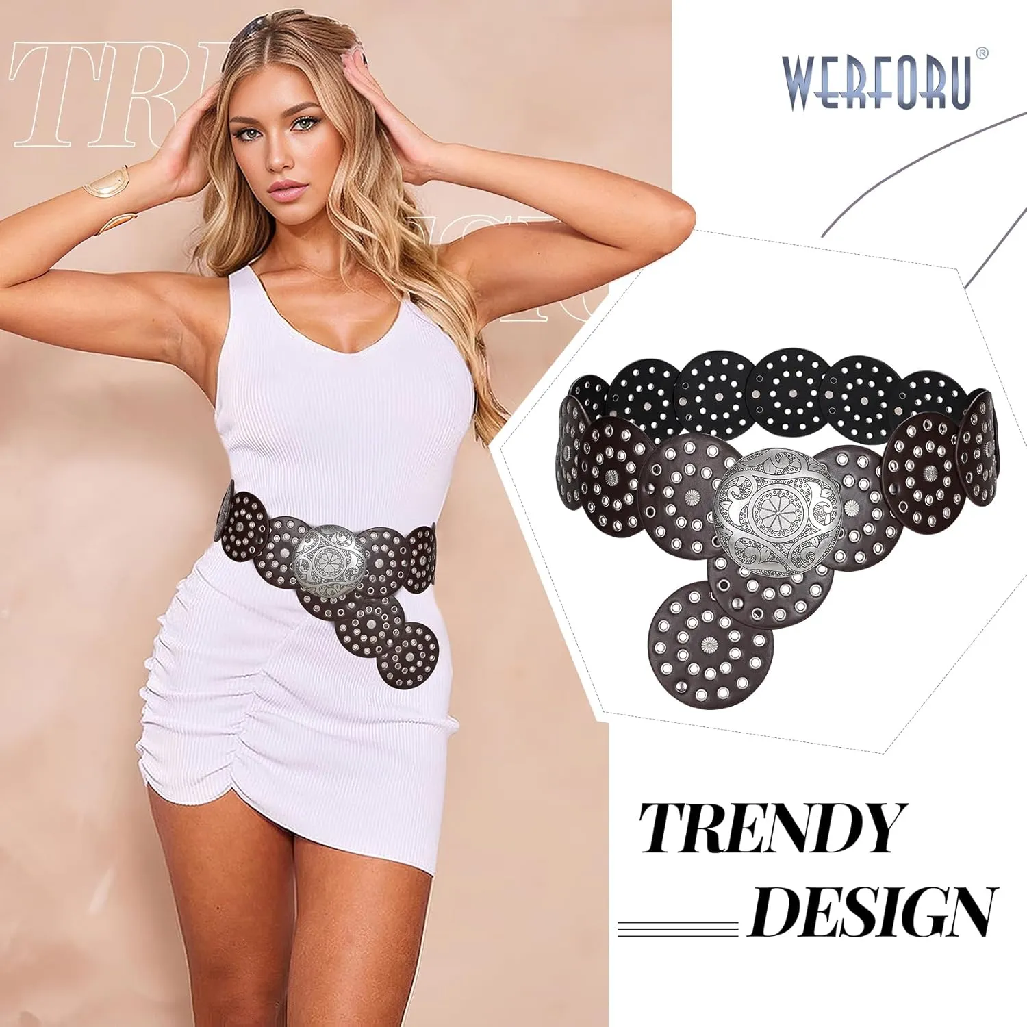 WERFORU Women Vintage Leather Belt Western Disc Waist Belts Ladies Western Belt Boho Belt for Dress Jean-