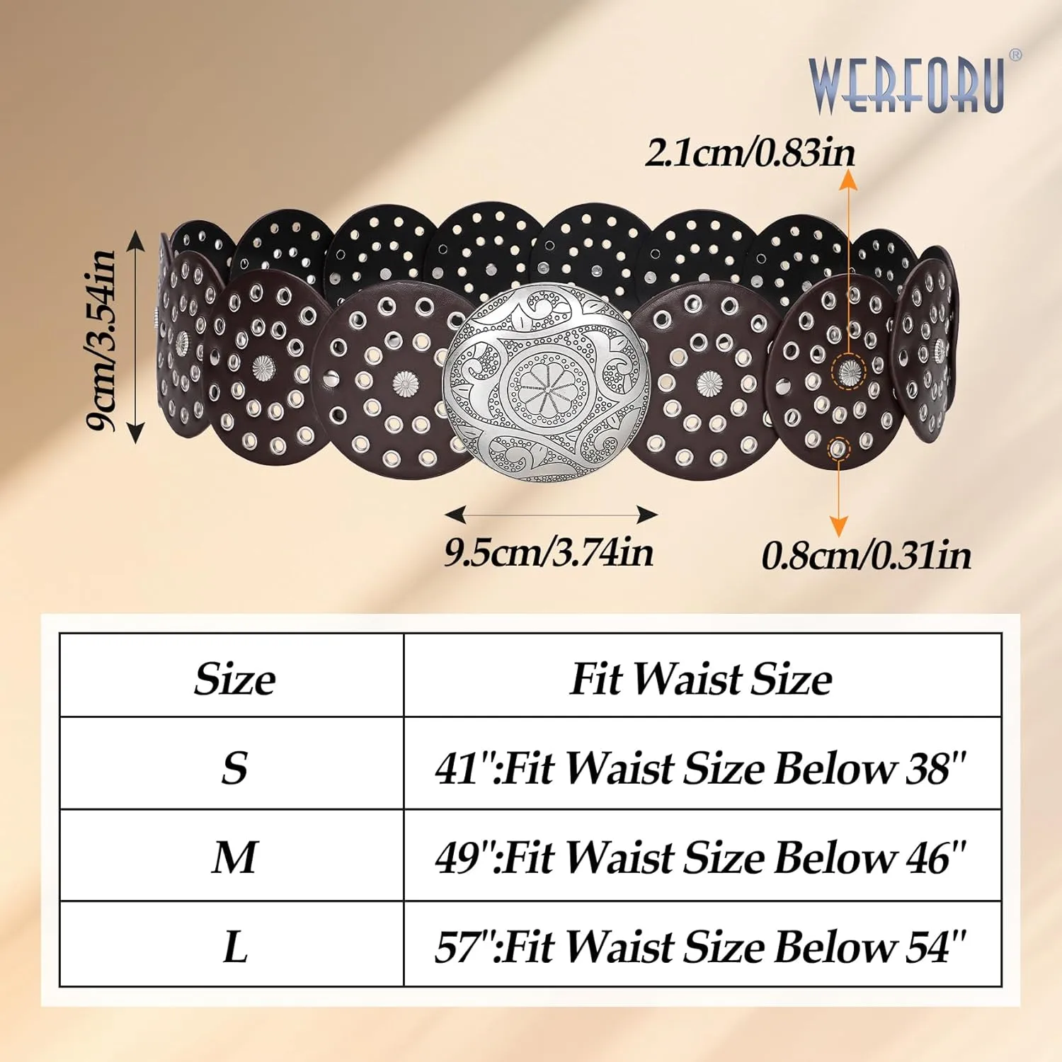 WERFORU Women Vintage Leather Belt Western Disc Waist Belts Ladies Western Belt Boho Belt for Dress Jean-