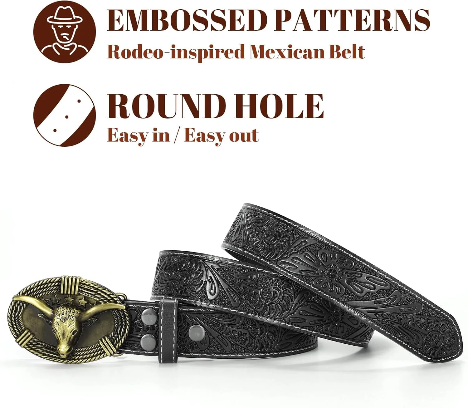 Western Belts for Woman Men, Cowboy Cowgirl Belt Embossed Western Country Bull Buckle Leather Belts for Jeans