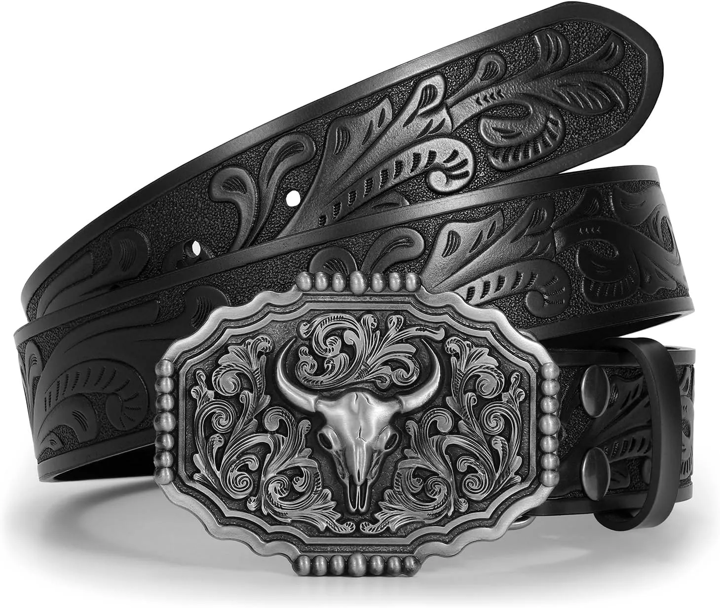 Western Belts for Woman Men, Cowboy Cowgirl Belt Embossed Western Country Bull Buckle Leather Belts for Jeans